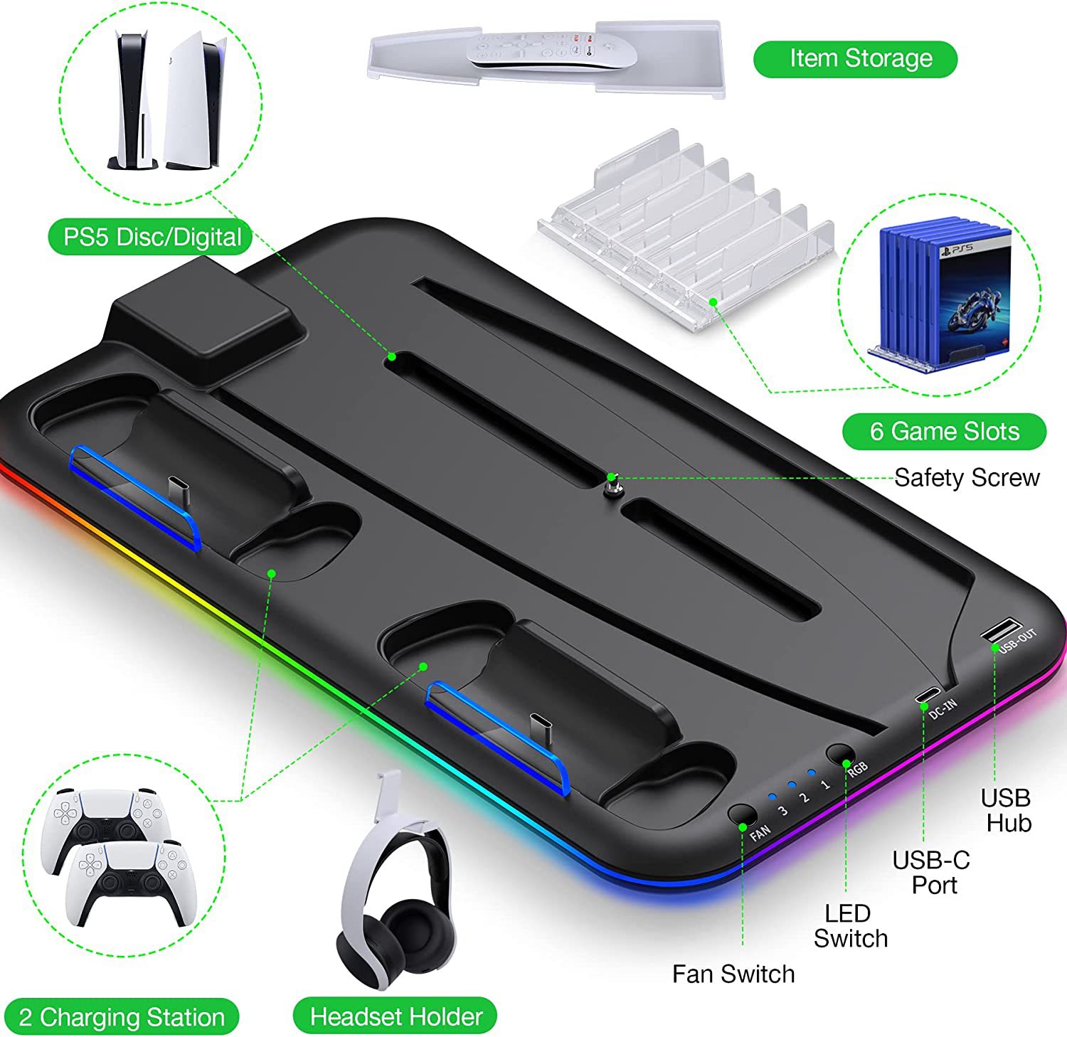 制造工厂直接控制器充电器LED Dock冷却器Sony PS5 PlayStation 5 PS Play Station Console支持基本游戏架游戏配件